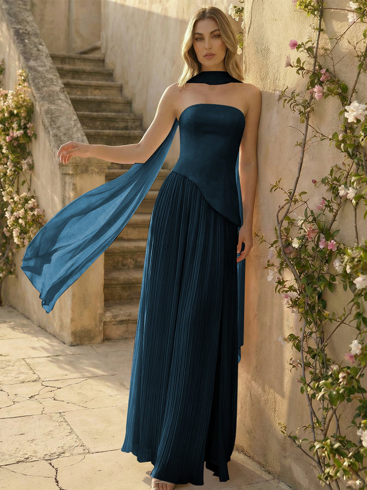 Chiffon Strapless Pleated High Slit A Line Formal Dresses with Scarf
