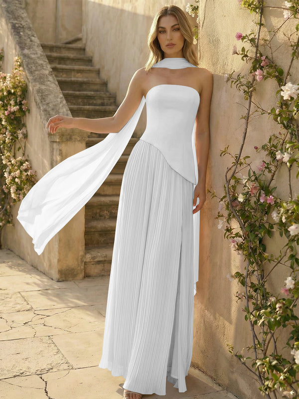 Chiffon Strapless Pleated High Slit A Line Formal Dresses with Scarf