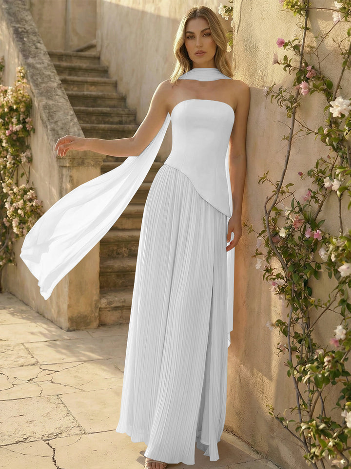 Chiffon Strapless Pleated High Slit A Line Formal Dresses with Scarf