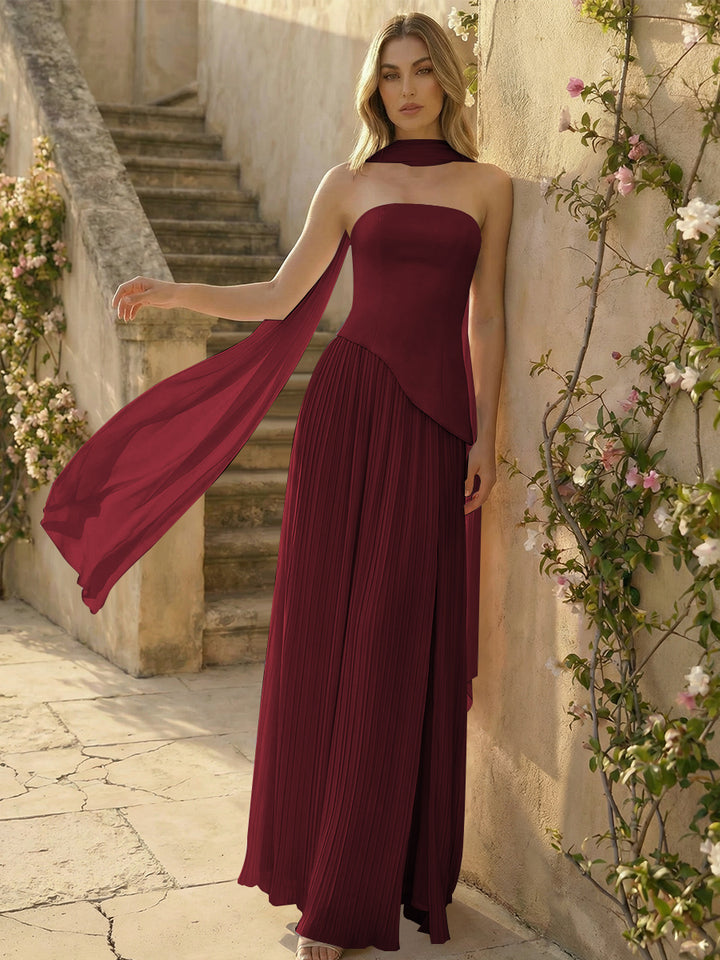 Chiffon Strapless Pleated High Slit A Line Formal Dresses with Scarf