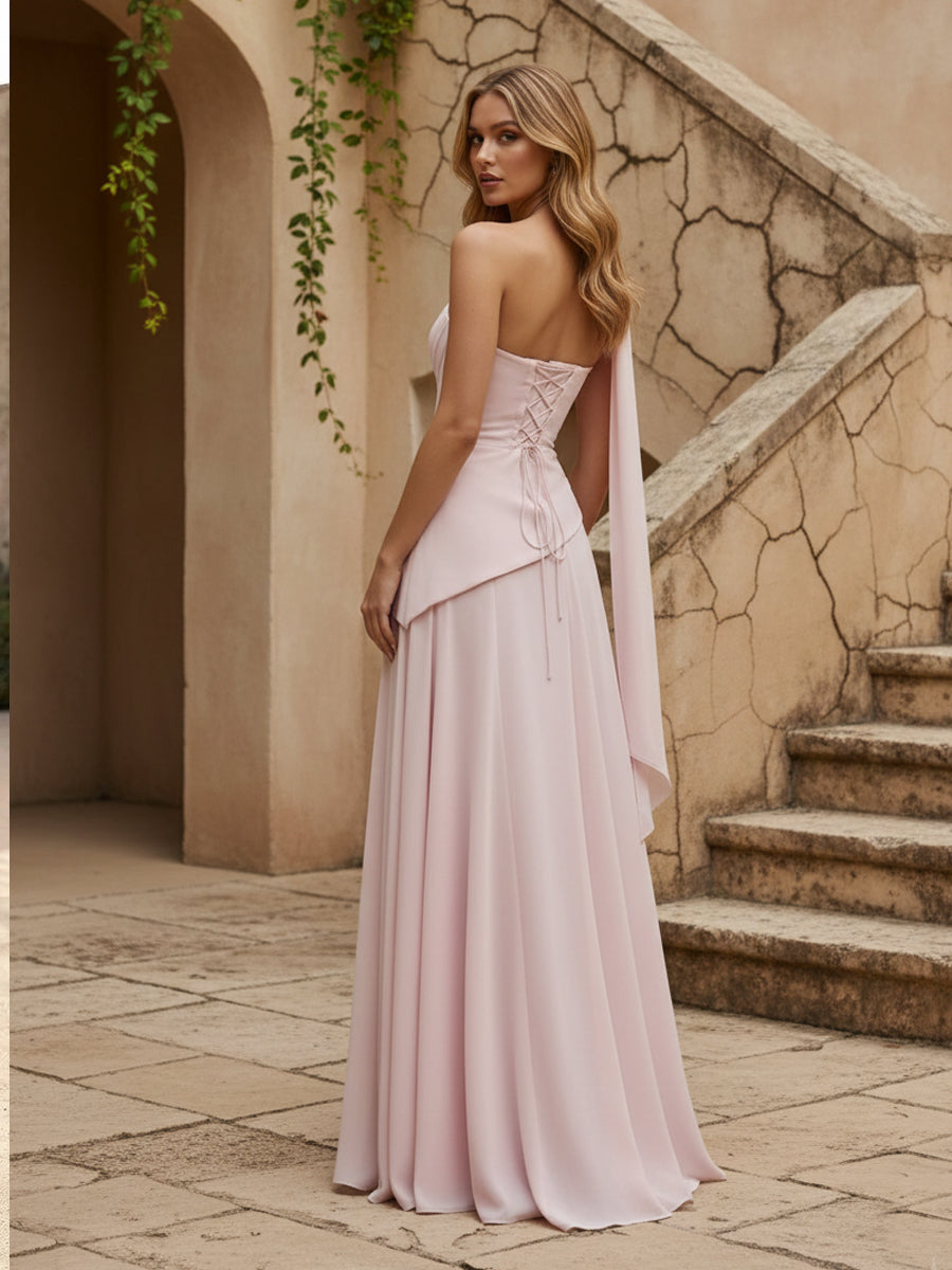 Strapless Chiffon Pleated Mermaid Formal Dresses with Scarf