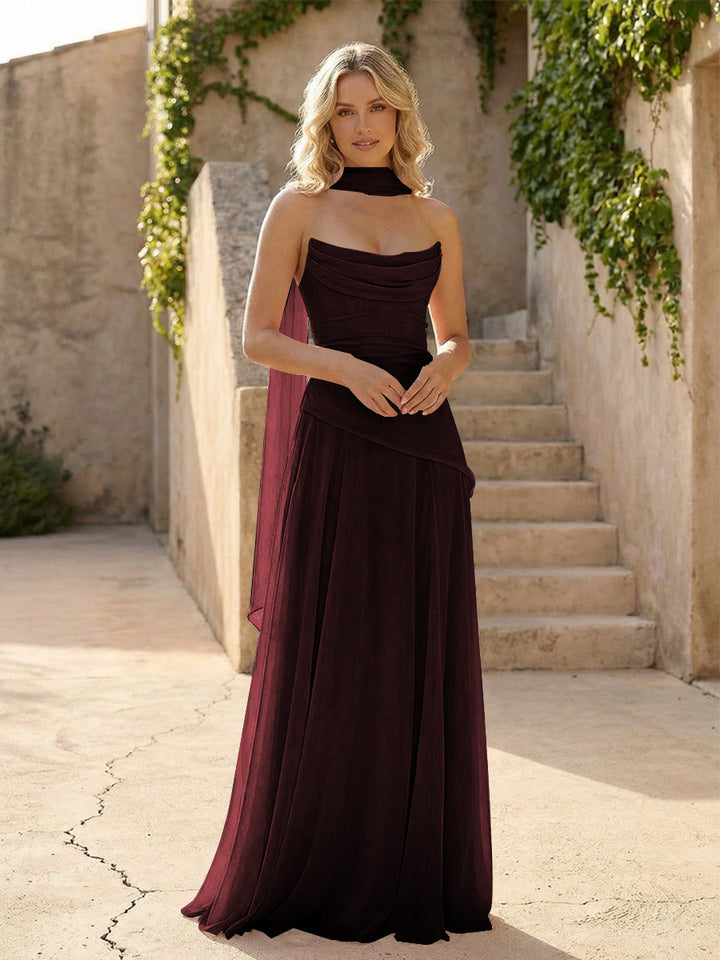 Strapless Chiffon Pleated Mermaid Formal Dresses with Scarf