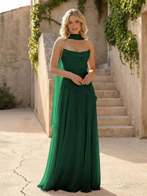 Strapless Chiffon Pleated Mermaid Bridesmaid Dresses with Scarf