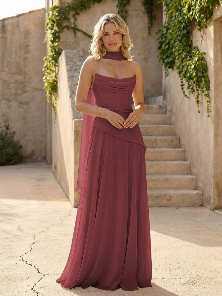 Strapless Chiffon Pleated Mermaid Formal Dresses with Scarf