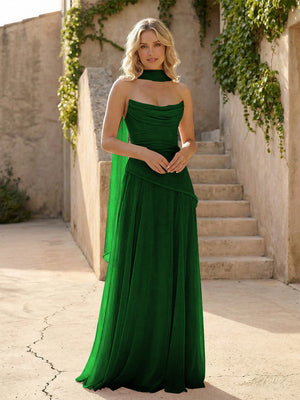Strapless Chiffon Pleated Mermaid Bridesmaid Dresses with Scarf