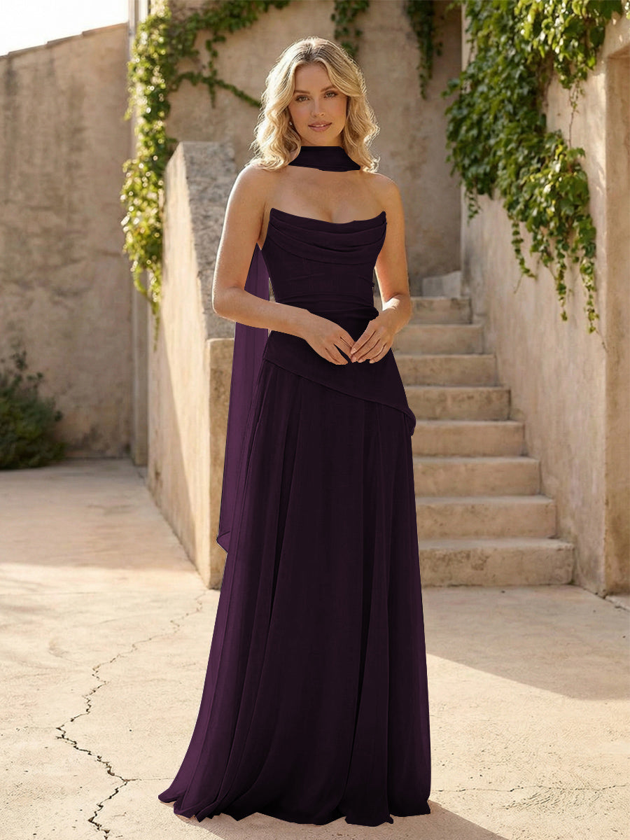Strapless Chiffon Pleated Mermaid Formal Dresses with Scarf