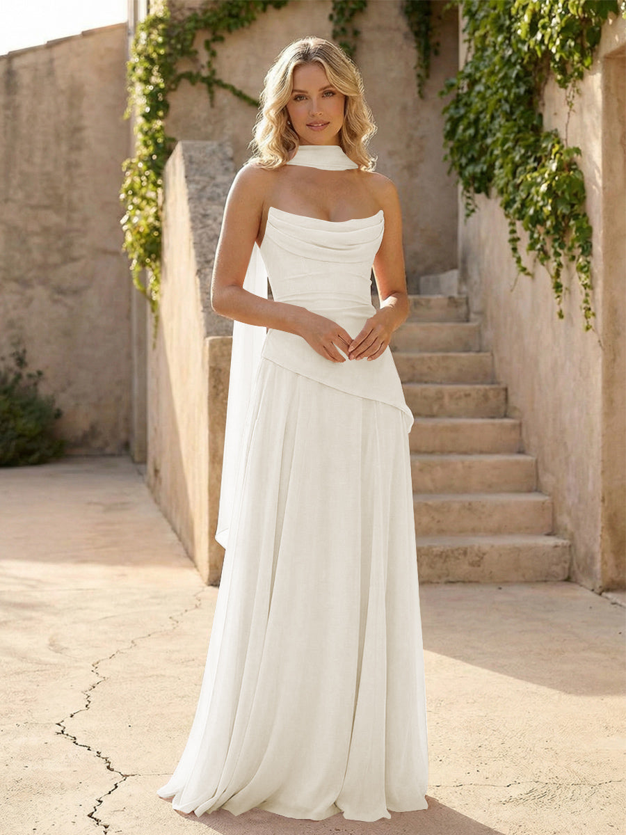 Strapless Chiffon Pleated Mermaid Formal Dresses with Scarf