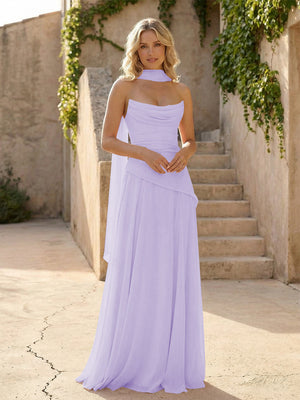 Strapless Chiffon Pleated Mermaid Bridesmaid Dresses with Scarf