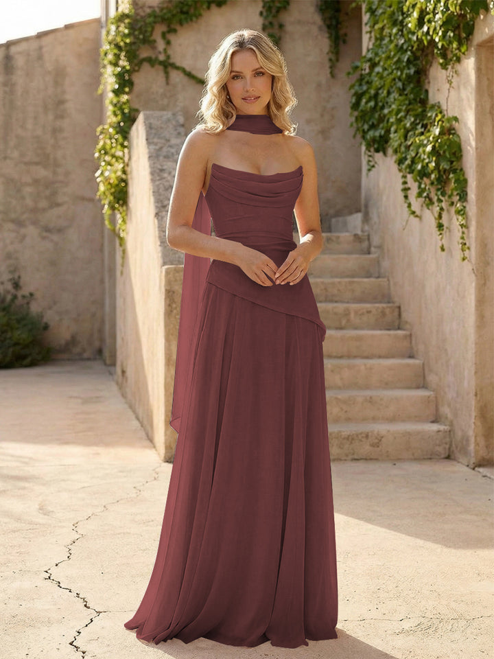 Strapless Chiffon Pleated Mermaid Formal Dresses with Scarf