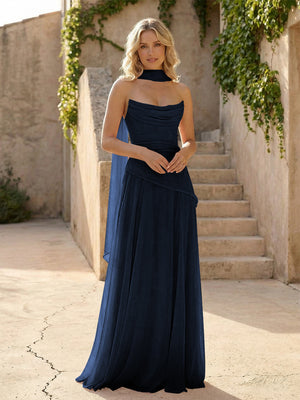 Strapless Chiffon Pleated Mermaid Bridesmaid Dresses with Scarf