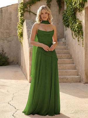 Strapless Chiffon Pleated Mermaid Bridesmaid Dresses with Scarf