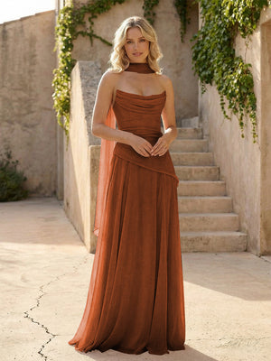 Strapless Chiffon Pleated Mermaid Bridesmaid Dresses with Scarf