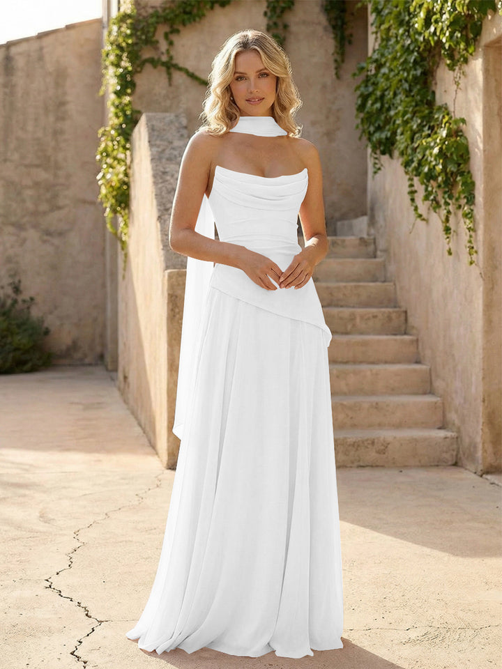 Strapless Chiffon Pleated Mermaid Formal Dresses with Scarf