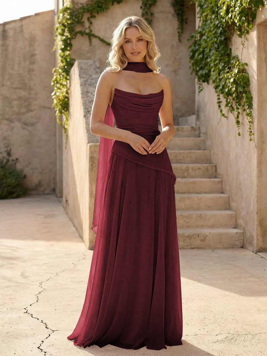 Strapless Chiffon Pleated Mermaid Formal Dresses with Scarf