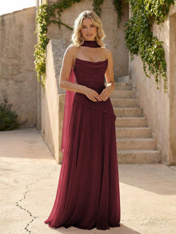 Strapless Chiffon Pleated Mermaid Formal Dresses with Scarf