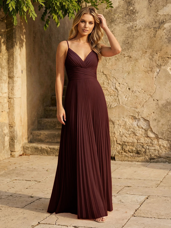 Chiffon V Neck Corset Spaghetti Straps Pleated Bridesmaid Dresses