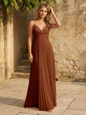 Chiffon V Neck Corset Spaghetti Straps Pleated Bridesmaid Dresses