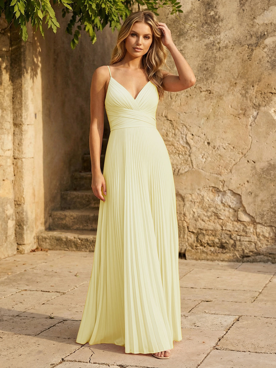 Chiffon V Neck Corset Spaghetti Straps Pleated Formal Dresses