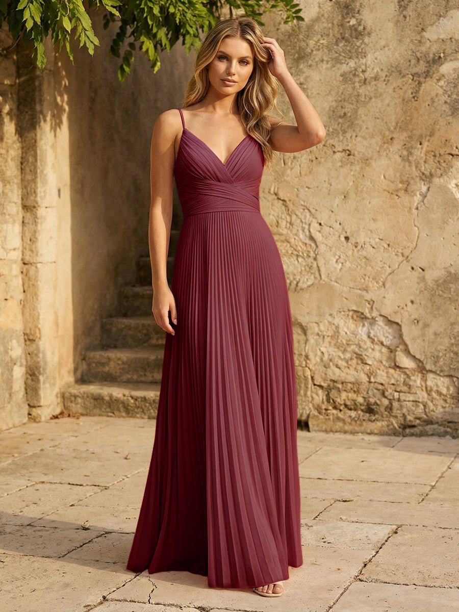Chiffon V Neck Corset Spaghetti Straps Pleated Formal Dresses