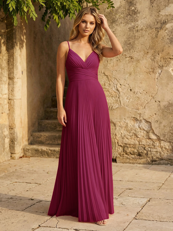 Chiffon V Neck Corset Spaghetti Straps Pleated Formal Dresses