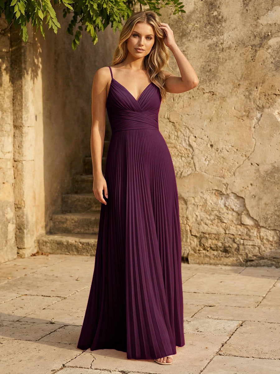 Chiffon V Neck Corset Spaghetti Straps Pleated Formal Dresses
