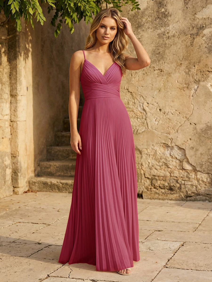 Chiffon V Neck Corset Spaghetti Straps Pleated Formal Dresses