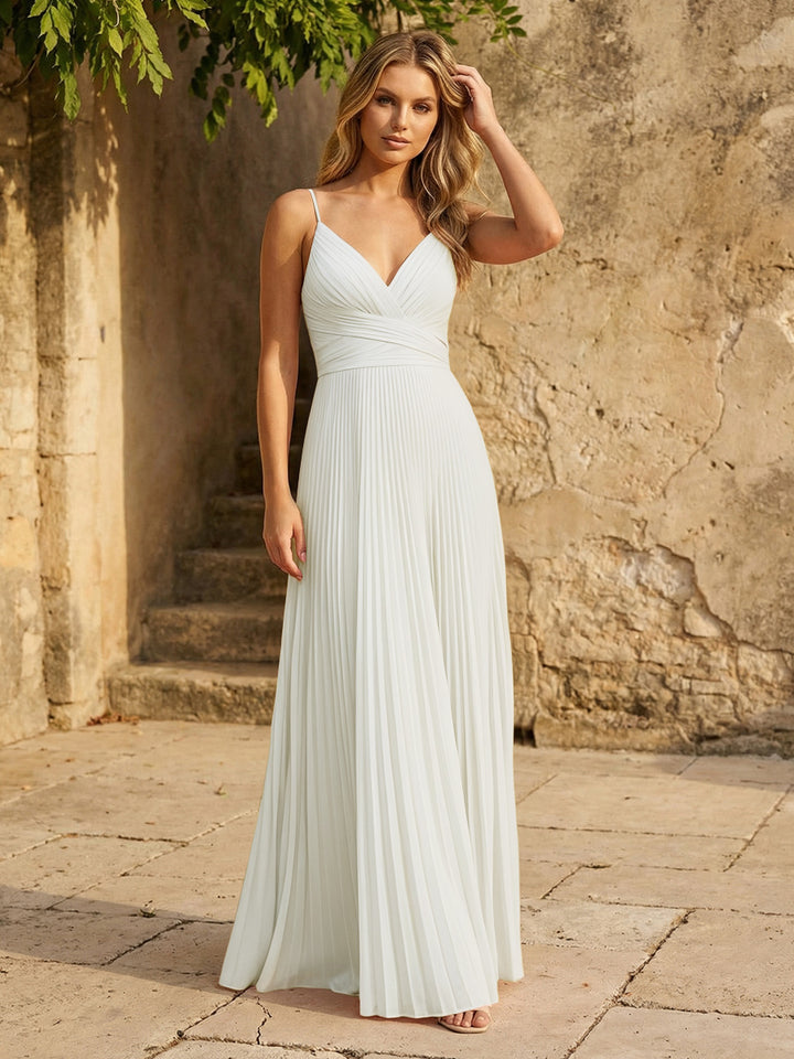 Chiffon V Neck Corset Spaghetti Straps Pleated Formal Dresses