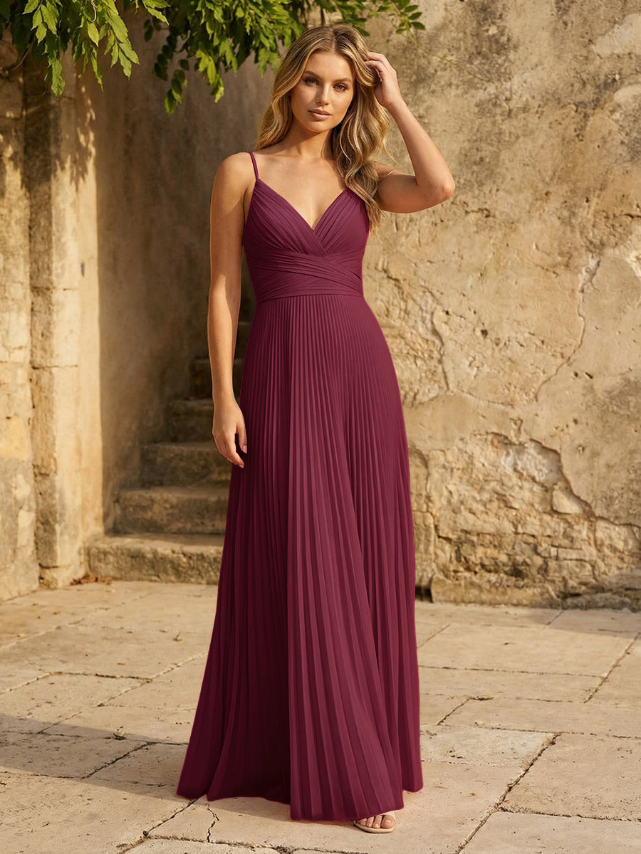 Chiffon V Neck Corset Spaghetti Straps Pleated Formal Dresses