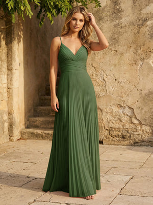 Chiffon V Neck Corset Spaghetti Straps Pleated Bridesmaid Dresses