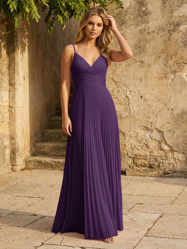 Chiffon V Neck Corset Spaghetti Straps Pleated Bridesmaid Dresses
