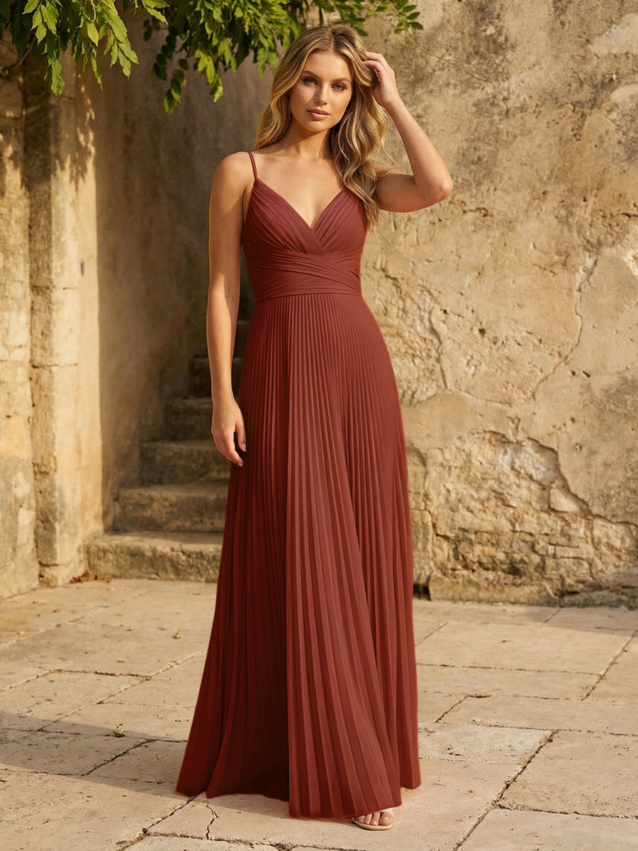 Chiffon V Neck Corset Spaghetti Straps Pleated Formal Dresses