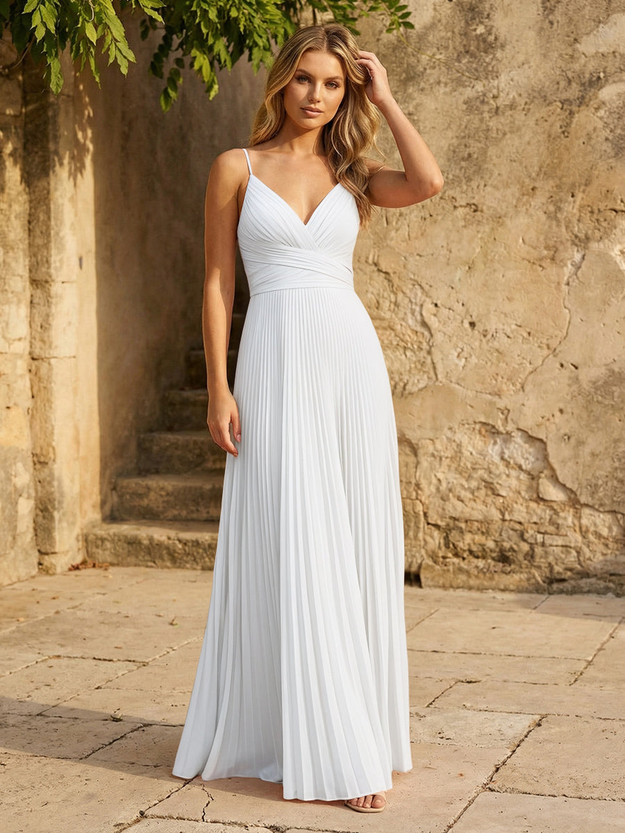 Chiffon V Neck Corset Spaghetti Straps Pleated Formal Dresses