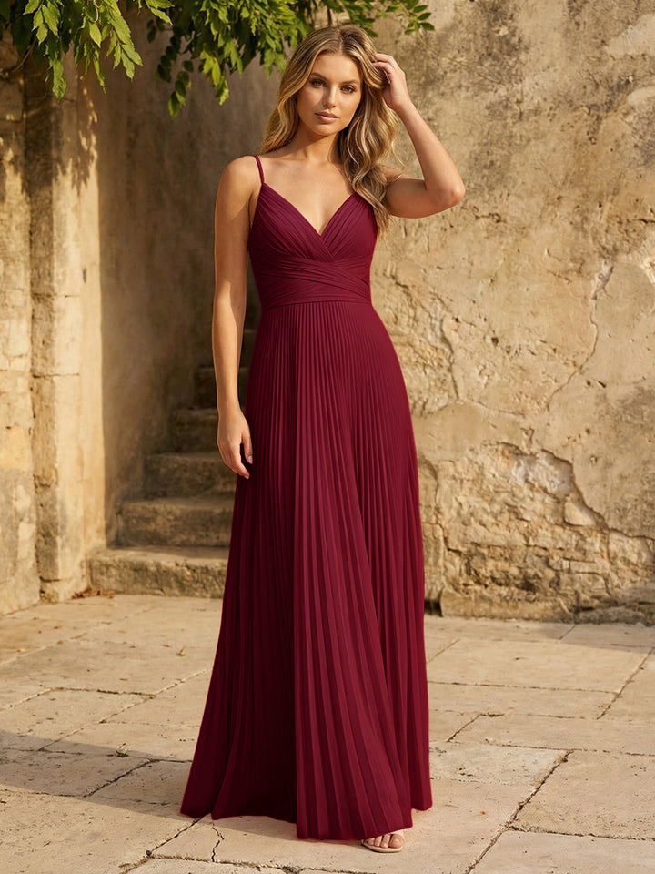 Chiffon V Neck Corset Spaghetti Straps Pleated Formal Dresses