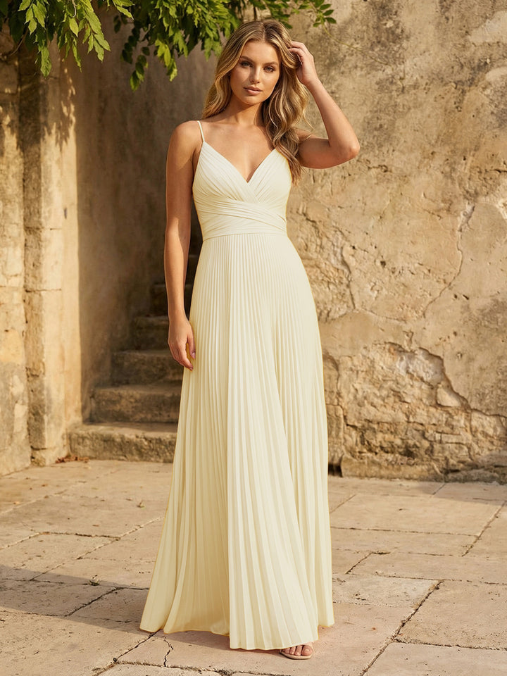 Chiffon V Neck Corset Spaghetti Straps Pleated Formal Dresses