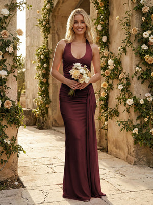 Stretch Mesh Halter Maxi Pleated Bridesmaid Dresses with Backless Design