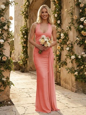 Stretch Mesh Halter Maxi Pleated Bridesmaid Dresses with Backless Design