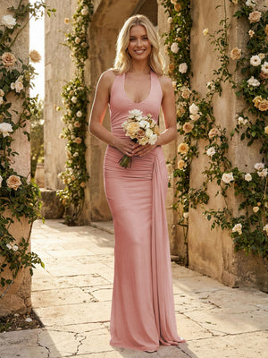 Stretch Mesh Halter Maxi Pleated Bridesmaid Dresses with Backless Design