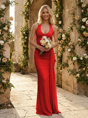 Stretch Mesh Halter Maxi Pleated Bridesmaid Dresses with Backless Design