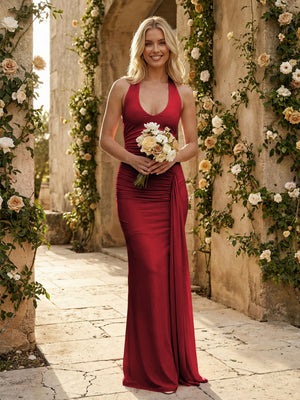 Stretch Mesh Halter Maxi Pleated Bridesmaid Dresses with Backless Design