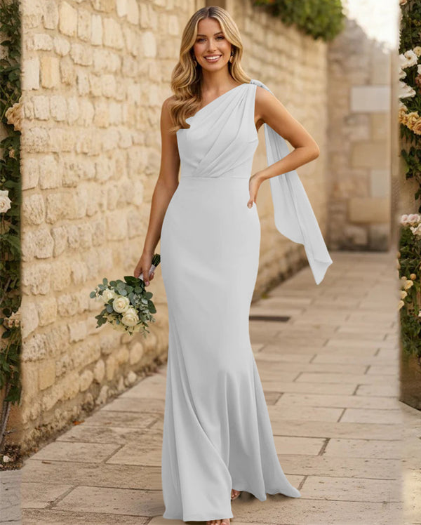 Chiffon One Shoulder Mermaid Pleated Maxi Bridesmaid Dresses