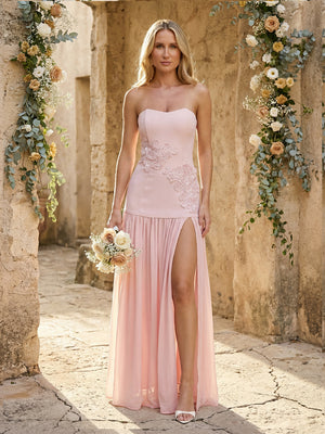 Chiffon Lace Applique Strapless A Line Maxi Bridesmaid Dresses with Slit
