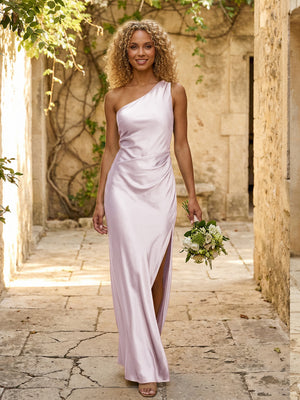 Satin One Shoulder Pleated Mermaid Maxi Bridesmaid Dresses with Slit