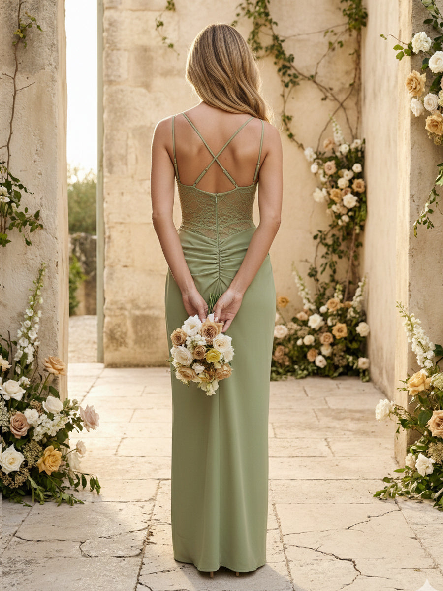 Chiffon Spaghetti Straps Pleated Mermaid Maxi Bridesmaid Dresses