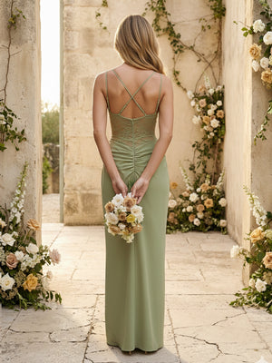 Chiffon Spaghetti Straps Pleated Mermaid Maxi Bridesmaid Dresses