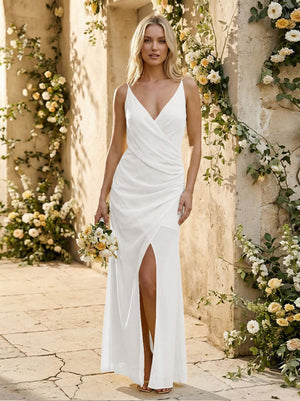 Chiffon Spaghetti Straps Pleated Mermaid Maxi Bridesmaid Dresses with Slit