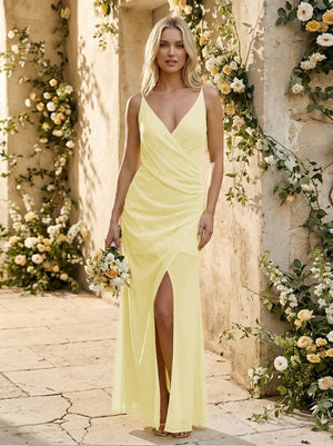 Chiffon Spaghetti Straps Pleated Mermaid Maxi Bridesmaid Dresses with Slit