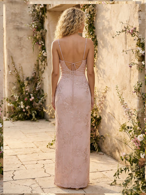 Sequin Spaghetti Straps Mermaid Bridesmaid Dresses with Floral Embroidery