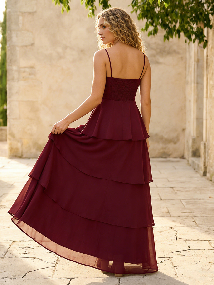 Chiffon Spaghetti Straps A Line Tiered Bridesmaid Dresses