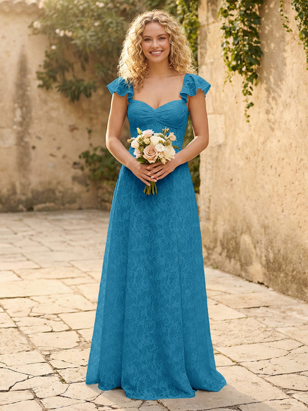 Lace Applique Sweetheart A Line Pleats Bridesmaid Dresses