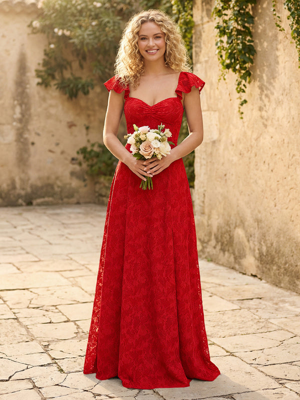 Lace Applique Sweetheart A Line Pleats Bridesmaid Dresses